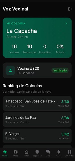 Pantalla de inicio de la app Voz Vecinal